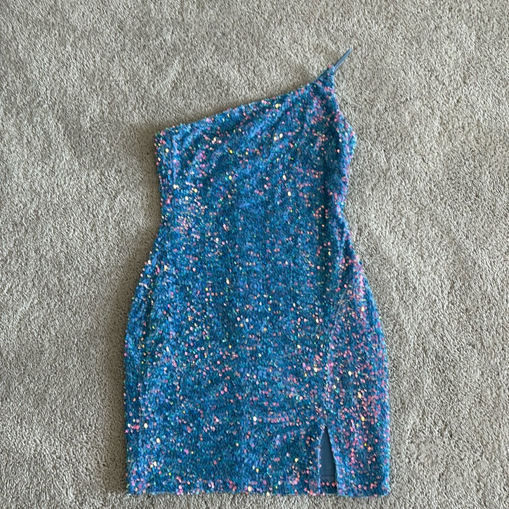 Crystal Doll one shoulder blue sequin dress
